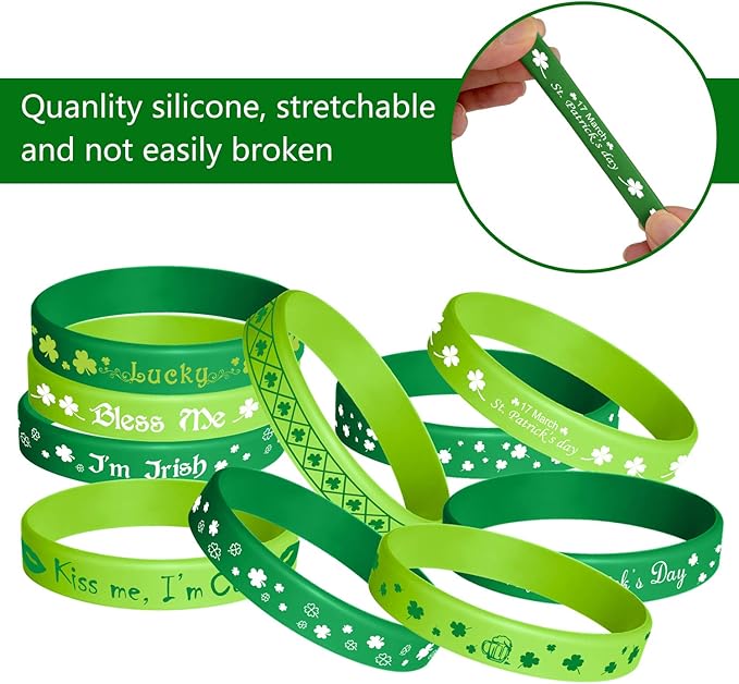 TUPARKA St. Patrick's Day Rubber Wristbands Silicone Shamrock Irish Wristband Bracelet for Party Favors Kids School Gifts Supplies, 36 Pcs 6 Styles