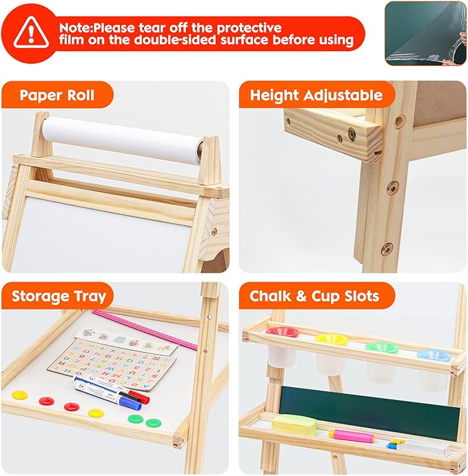 Wooden Easel for Kids 3 in 1 Kids Easel with Paper Roll Adjustable Height Art Easel Chalkboard & Whiteboard Drawing Easel for Kids Toddlers.
