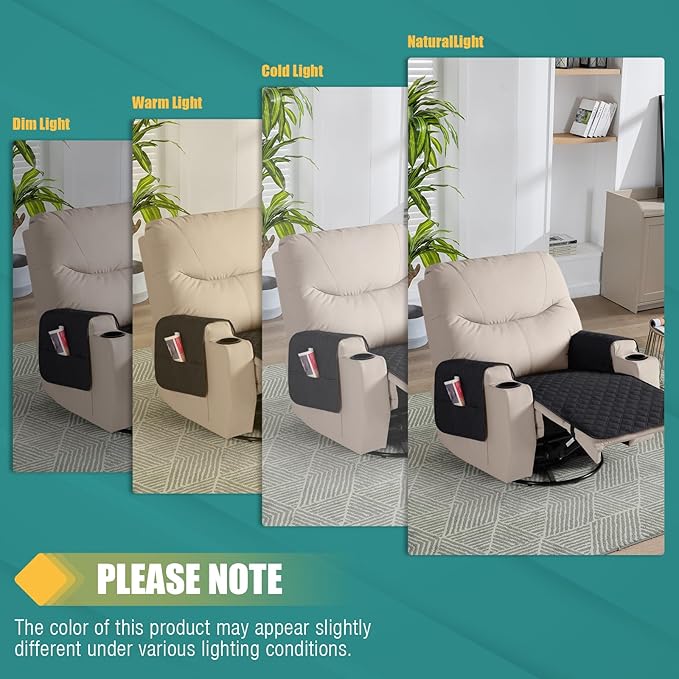 Ruaozz Waterproof Recliner Chair Covers Non Slip Chair Covers Washable Recliner Covers for Reclining Chair with Pockets Covers for Recliner Chair for Pets, Kids (Black, Medium-25'')