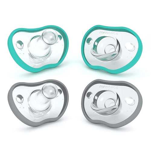 Nanobebe Baby Pacifiers 0-3 Month - Orthodontic, Curves Comfortably with Face Contour 100% Silicone 4pk,Teal/Grey