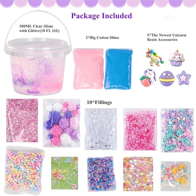 Unicorn Slime Kit,Clear Scented Slime Bucket Kids Birthday Party,Slime Party Favors for Kids Birthday Party Gifts Stress Relief Slime Kit for Girls and Boys (Unicorn Slime)