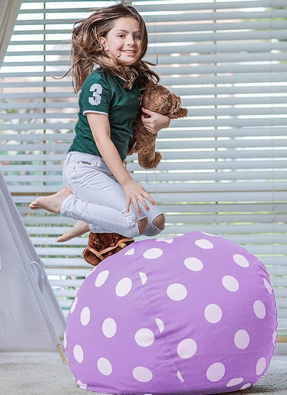 Wekapo Stuffed Animal Storage Bean Bag Chair Cover for Kids | Stuffable Zipper Beanbag for Organizing Children Plush Toys Large Premium Cotton Canvas (Purple Dot, XX-Large)