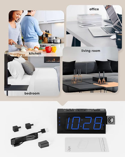 OnLyee Projection Alarm Clock for Bedroom, LED Digital on Ceiling Wall with USB Phone Charging, Battery Backup, 180° Rotatable Projector & Dimmer, 12/24H, DST, Snooze, Dual Loud Bedside Heavy Sleeper