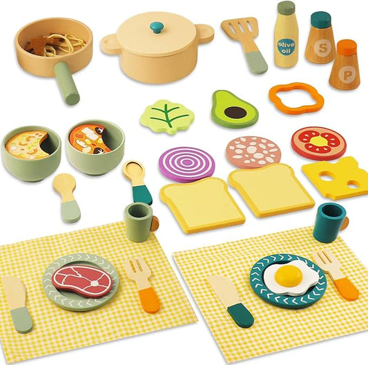 Wooden Kids Play Kitchen Accessories, Play Pots and Pans Sets for Kids Kitchen, Pretend Play Toys, Wooden Play Food Set, Kitchen Playset Accessories for Boys and Girls 3 4 5 6