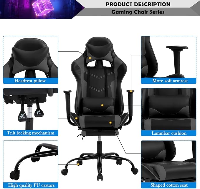 PC Gaming Chair Computer Chair PU Leather Recliner with Lumbar Support Headrest,High Back Racing Office Chair Video Gaming Chair Rolling Swivel Task Chair for Kids or Adults,Grey
