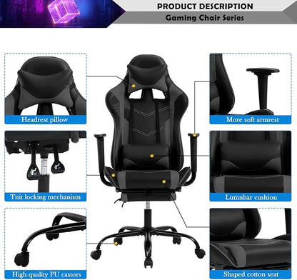 PC Gaming Chair Computer Chair PU Leather Recliner with Lumbar Support Headrest,High Back Racing Office Chair Video Gaming Chair Rolling Swivel Task Chair for Kids or Adults,Grey