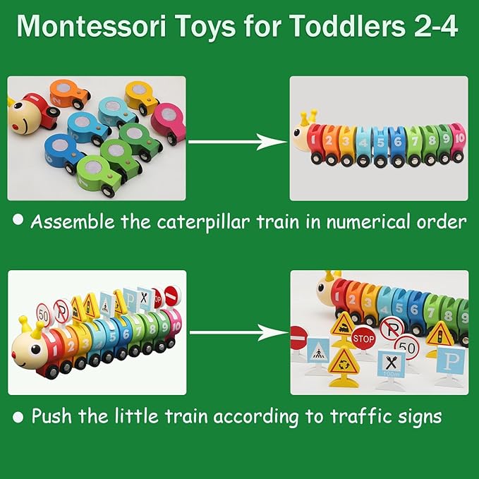 Montessori Toys for 1 2 3 Year Old, Wooden Caterpillar Number Train Set Toys with Street Signs 2-4 Year 1-3, Birthday 2 3