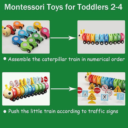 Montessori Toys for 1 2 3 Year Old, Wooden Caterpillar Number Train Set Toys with Street Signs 2-4 Year 1-3, Birthday 2 3