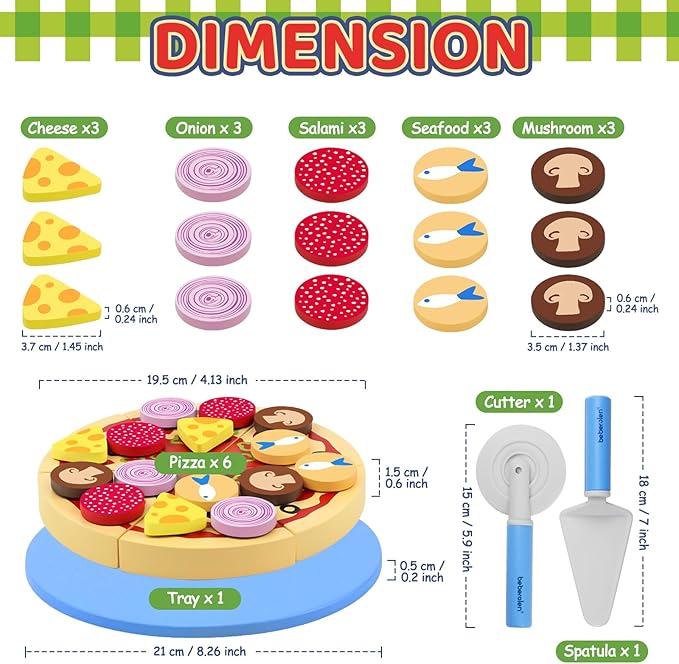 Wooden Pizza Toys for Kids, 24Pcs Cutting Toy Pizza Play Food Set, Pretend Play Kitchen Accessories Wood Cooking Toys for 3 4 5 Year Old Toddlers Boys Girls