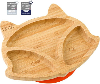 Bamboo Baby Plate with Suction - Kids and Toddler Suction Cup Plate for Babies, Non-Toxic All-Natural Bamboo Baby Food Plate Stays Cool to The Touch for Baby-Led Weaning (Fox-Orange)