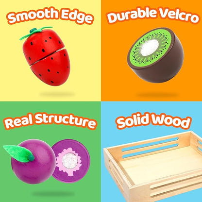 BAODLON Wooden Cutting Fruit Set - Wooden Play Food Toys for Kids Kitchen, Multi Play Food Kitchen Accessory with 2 Trays, Play Fake Fruit Toys Birthday Gifts for 3 4 Years Toddler Girl Boy
