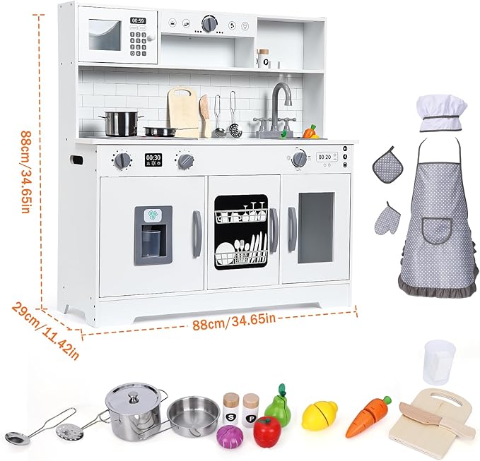 Wooden Play Kitchen - Kids Kitchen Playset with Cookware Accessories, Microwave, Oven, Sink, Real Lights & Sounds - Perfect for Chef Pretend Play, White