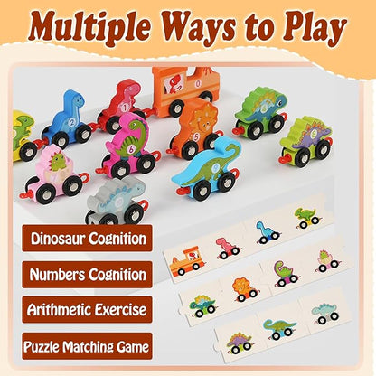HOMEE Toddler Dinosaur Train Set with Number 0-10, 11 Pieces Kids Wooden Dino Train Toys with Puzzles 3 4 5 Year