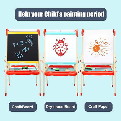 TOP BRIGHT Wooden Art Easel for Kids, Toddler Easel Adjustable with Painting Whiteboard, Child Easel with Magnetic Blackboard