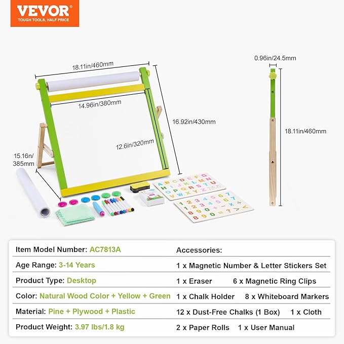 VEVOR Tabletop Art Easel for Kids, 3-in-1 Wooden Double-Sided Kid's Art Easel with Magnetic Whiteboard, Chalkboard, Paper Roll, Foldable Portable Drawing Board with Painting Accessories for Boys Girls
