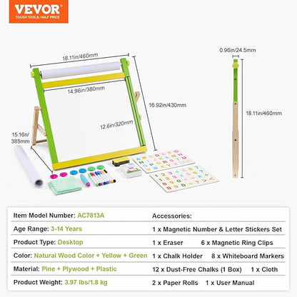 VEVOR Tabletop Art Easel for Kids, 3-in-1 Wooden Double-Sided Kid's Art Easel with Magnetic Whiteboard, Chalkboard, Paper Roll, Foldable Portable Drawing Board with Painting Accessories for Boys Girls