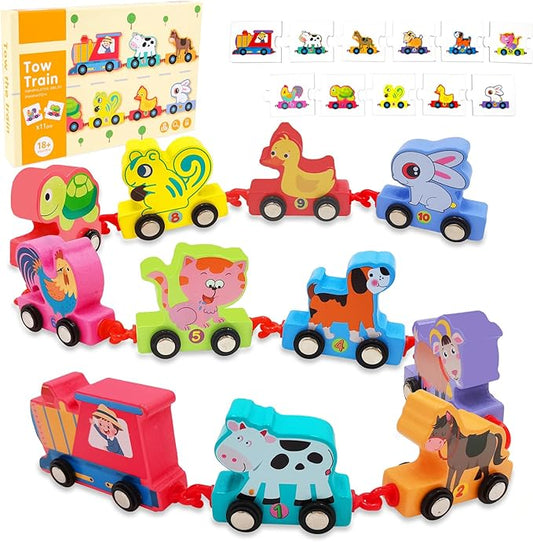 Toys for Toddlers, 11 Wooden Animals Train Set 2 Year 2-4 Boys 2, Preschool