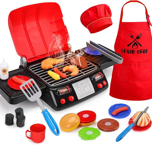 Kids Grill Playset with Apron Hat for Cooking Food Smoke 3 4 5 6 4-8 Birthday
