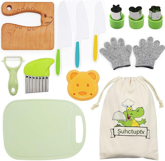 Suhctuptx 14 Pieces Wooden Kids Kitchen Knife Set with Gloves Cutting Board Fruit Vegetable Crinkle Cutters Serrated Edges Plastic Toddler Knifes for Real Cooking Kid Safe Knives - Crocodile