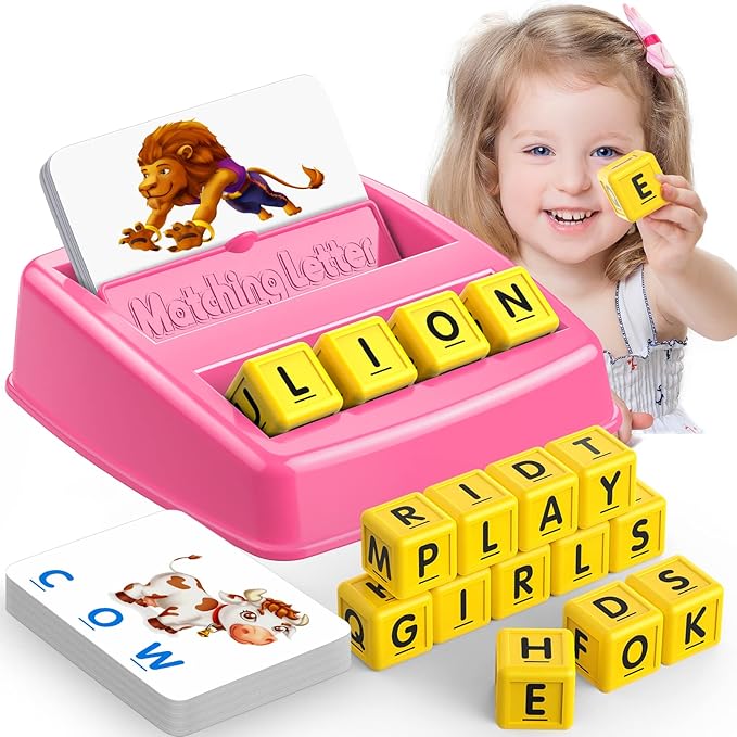 Toys for 3-8 Year Olds Girls, Matching Letter Spelling Games for Kids Ages 3-8 Preschool Learning Educational Toys for Kids Halloween Christmas Birthday Gifts for 3-8 Year Olds Girls Pink