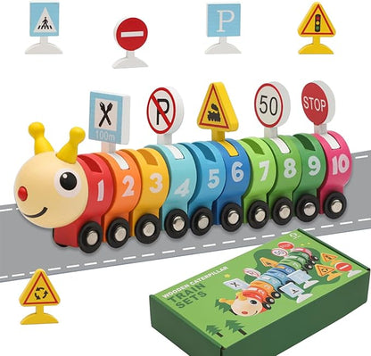 Montessori Toys for 1 2 3 Year Old, Wooden Caterpillar Number Train Set Toys with Street Signs 2-4 Year 1-3, Birthday 2 3