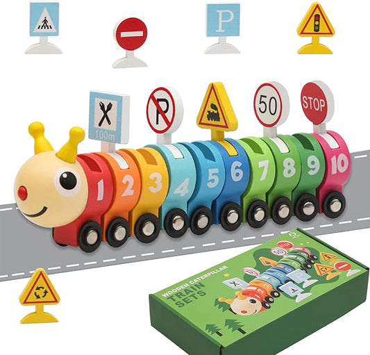 Montessori Toys for 1 2 3 Year Old, Wooden Caterpillar Number Train Set Toys with Street Signs 2-4 Year 1-3, Birthday 2 3