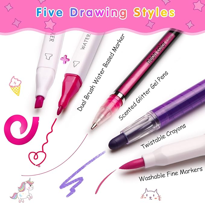 beefunni Unicorn Washable Markers Set 48 pcs with Glitte Pencil Case, Art Supplies for Kids Ages 4-6-8, Arts Crafts Coloring Set with Unicorn Stickers - Birthday Gifts for Girls 4 5 6 7 8 9 Year Old
