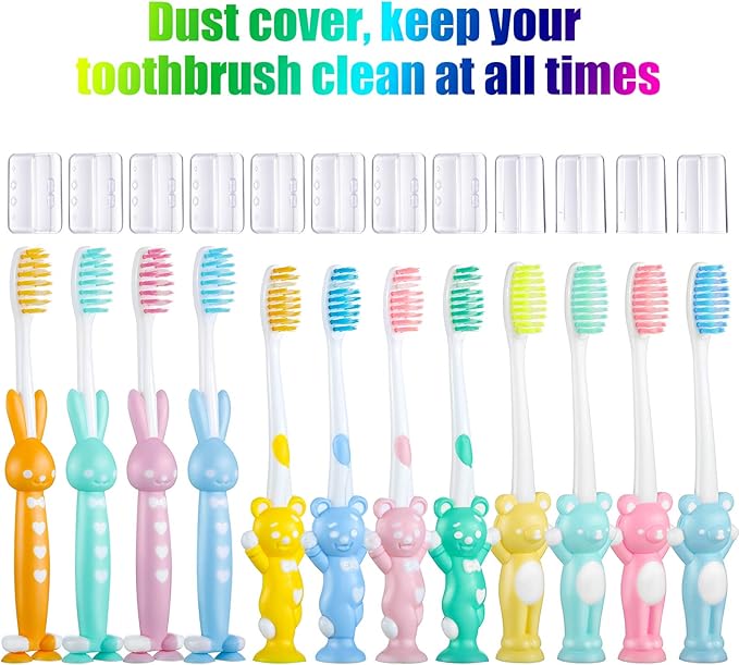 Patelai 12 Pcs Toddler Toothbrush for Age 2+, Children Disposable Manual Toothbrush Bulk with Suction Cup for Upright Storage, Soft Individually Kids Toothbrush Set with Dust Covers