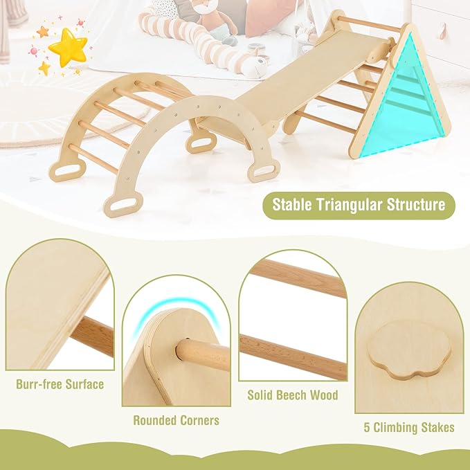 Costzon Climbing Toys for Toddlers, 5 in 1 Foldable Montessori Wooden Arch Climber Ladder with Sliding Ramp, Multi-Combination Methods, Kids Triangle Climber Play Gym Set for Boys Girls Present
