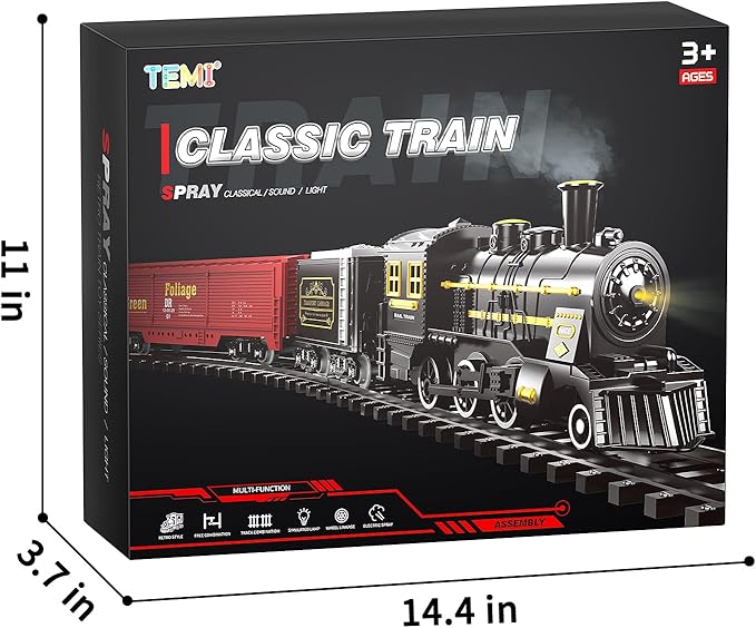 TEMI Train Set for Kids 3-12 Years, Electric Classical Steam Engine Locomotive with Steam