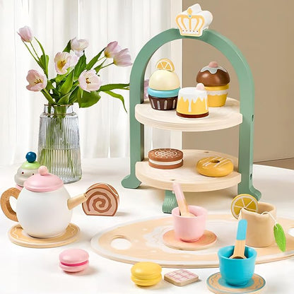 Wooden Tea Party Set for Little Girls, Toys Toddler Tea Set with Pretend Play Toy Cookies & Cake Stand, Kids Kitchen Playset Wooden Toys Birthday Gift for 2 3 4 5 6 Year Old Girls Boys