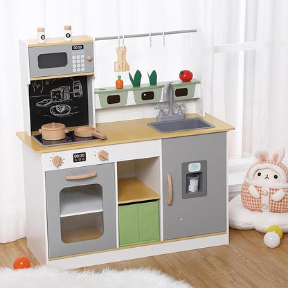 Wooden Farm & Kitchen Playset with Cookware Accessories - Kids Chef Pretend Play Set Featuring Ice Maker, Chalkboard, and Planter Area