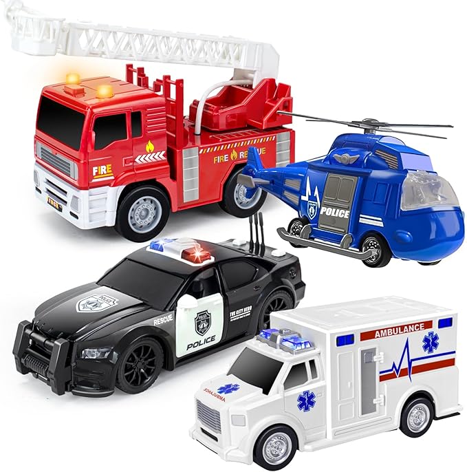 4 Pack Emergency Vehicles Toy Set, 1:20 Scale Big Fire Truck & Ambulance & Helicopter & Police Car Toy for 2 3 4 5 6 Year Boys Toddlers Gift