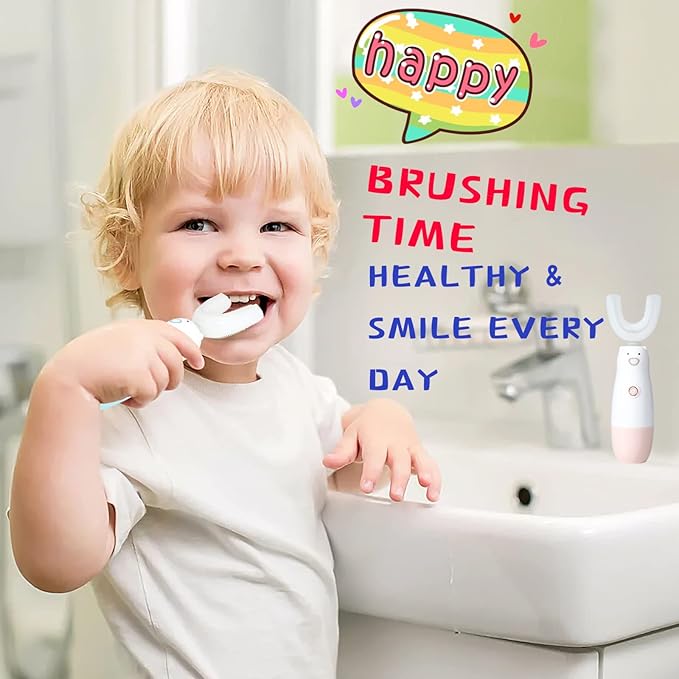 Kids Electric Toothbrush，6 Cleaning Models Toddler Toothbrush Waterproof Battery Powered 360 Automatic Sonic u Shaped Toothbrushes for 2-7 Years Old for Boys Girls（Pink）