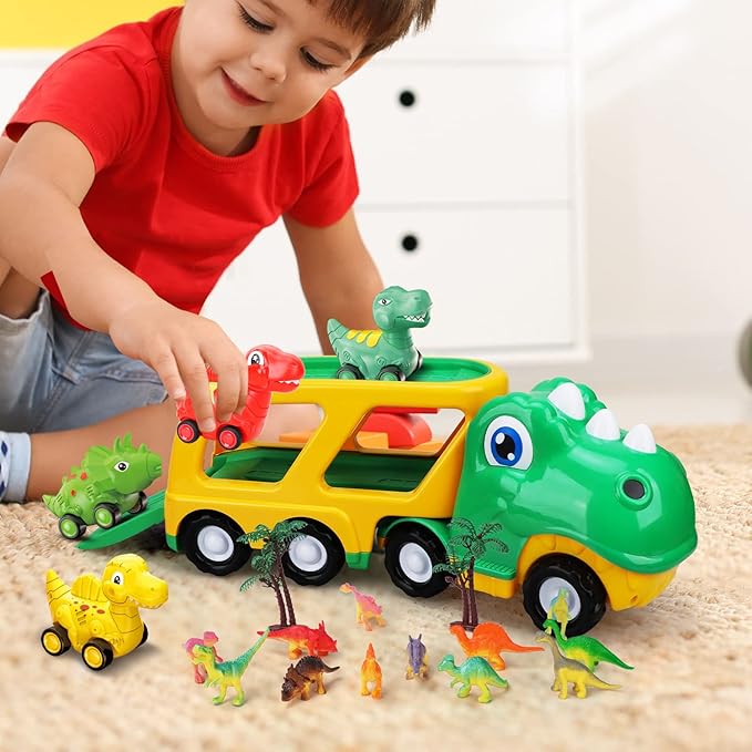 TOY Life Toddler Car Toy for 1+ Year Old, Dinosaur Transport Carrier Truck with 4 Pull Back Dinosaur Cars Dino Figures 1 2 3 4 5+, Christmas 18M+ Boys