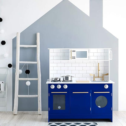 Teamson Kids Little Chef Berlin Kids Play Kitchen with 6 Kitchen Accessories, Wooden Play Kitchen Set for Toddlers with Subway Tile Backsplash, Gold Hardware, & Storage Shelves, Blue/White