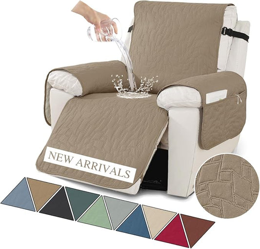 XINEAGE 100% Waterproof Recliner Chair Covers with Elastic Straps, Nonslip Reclining Couch Covers Washable Recliner Couch Cover with Pockets Furniture Protector for Pets Dogs (Light Coffee, 25")
