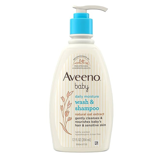 Aveeno Baby Daily Moisture Gentle Body Wash & Shampoo with Oat Extract, 2-in-1 Baby Bath Wash & Hair Shampoo 12 fl.