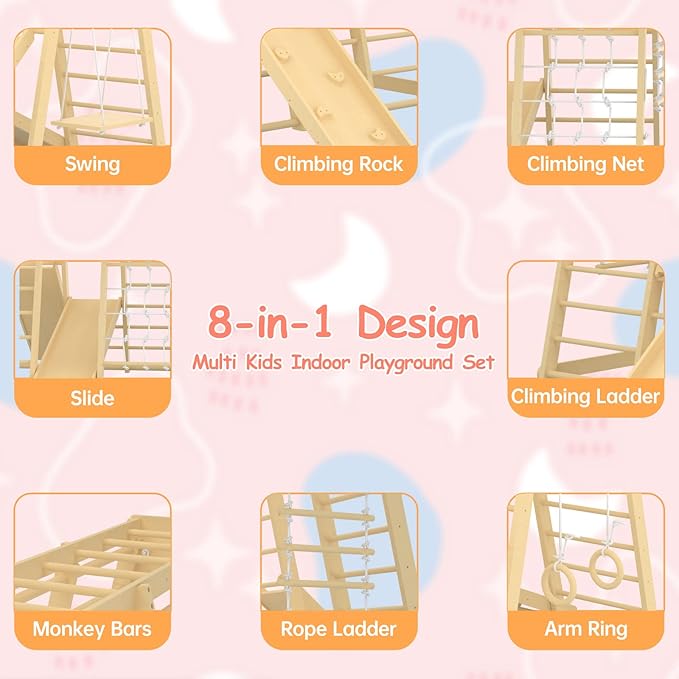 Toddler Jungle Gym, 66" Indoor Playground Set with Swing, Rock Climb Wall, Slide, Monkey Bars, Wood & Rope Ladder, Rope Wall Ladder for Kids 1-8yrs
