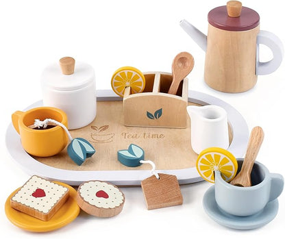 Wooden Toy Tea Set for Little Girls, Toddler Tea Party Set Kids Pretend Play Kitchen Accessories with Play Food Gift for Girls Boys 3 Years and up