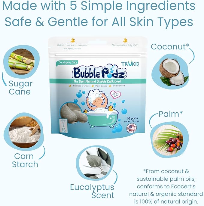 TruKid Bubble Podz Bubble Bath for Baby & Kids, Gentle Refreshing Bath Bomb for Sensitive Skin 7 for (60 Podz)