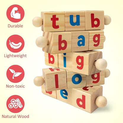 Coogam Wooden Reading Blocks Short Vowel Rods Spelling Games, Flash Cards Turning Rotating Letter Puzzle for Kids, Site Words Montessori Spinning Alphabet Learning Toy for Preschool Boys Girls