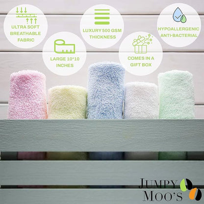 Jumpy Moo's Baby Washcloths, Rayon from Bamboo - Bath Face Towel 2 Layer 10x10 inches (8 Pack)