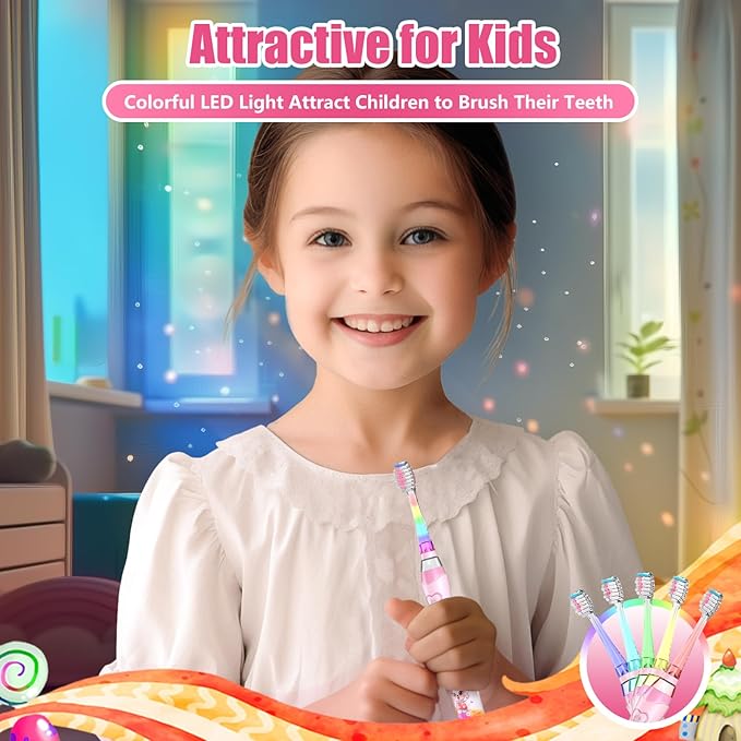 Kids Electric Toothbrush Toddler Toothbrush Age 2-4-8-12 Girls Electric Toothbrush with Timer Rainbow LED Light Up Vibrating Toothbrush Battery Operated Childrens Sonic Tooth Brush (Rabbit Pink)