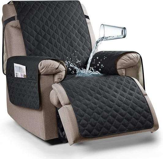 Ruaozz 100% Waterproof Recliner Chair Cover Non-Slip Reclining Cover for Recliner Chair Washable Chair Seat Cover with Elastic Straps for Kids, Dogs, Pets (Black, 23'')