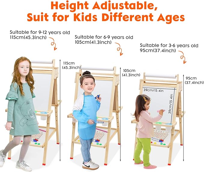 Wooden Easel for Kids 3 in 1 Kids Easel with Paper Roll Adjustable Height Art Easel Chalkboard & Whiteboard Drawing Easel for Kids Toddlers.