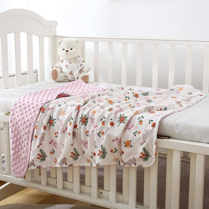 DaysU Silky Micro Soft Plush Baby Blankets for Girls with Print Rabbit Pattern and Soothing Raised Dots, Double Layer Bed Throws for Baby Crib 30x40 Inches