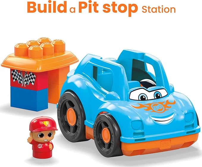 Mega BLOKS First Builders Toddler Building Blocks Toy Set, Ricky Race Car with 6 Pieces and Storage 1 Figure, 1+ Years