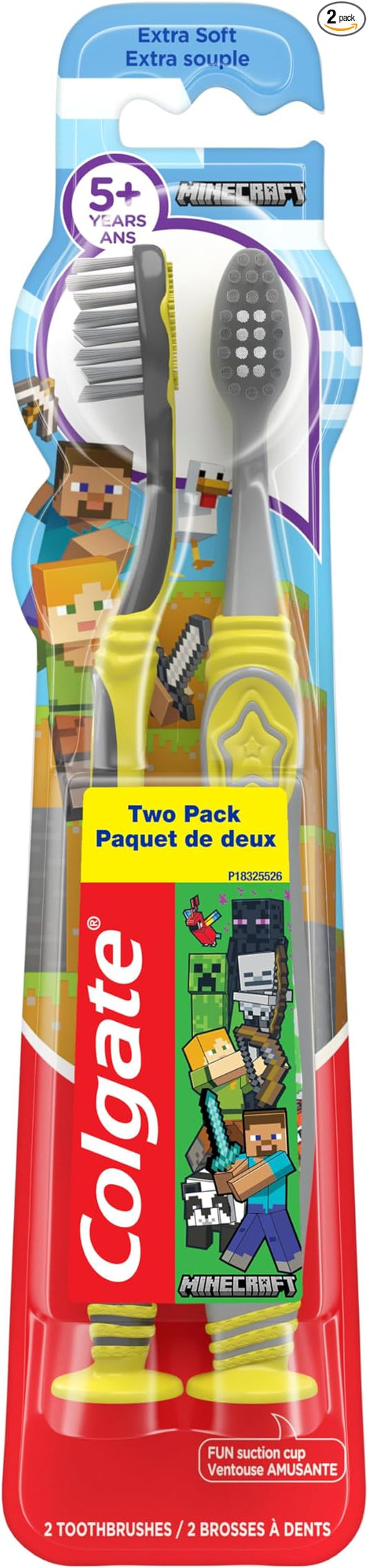Colgate Kids Minecraft Toothbrush Pack, Extra Soft Toothbrushes for Kids, Includes Built-in Suction Cups for Easy Upright Storage, for Kids with Baby Teeth and Adult Teeth, 2 Count