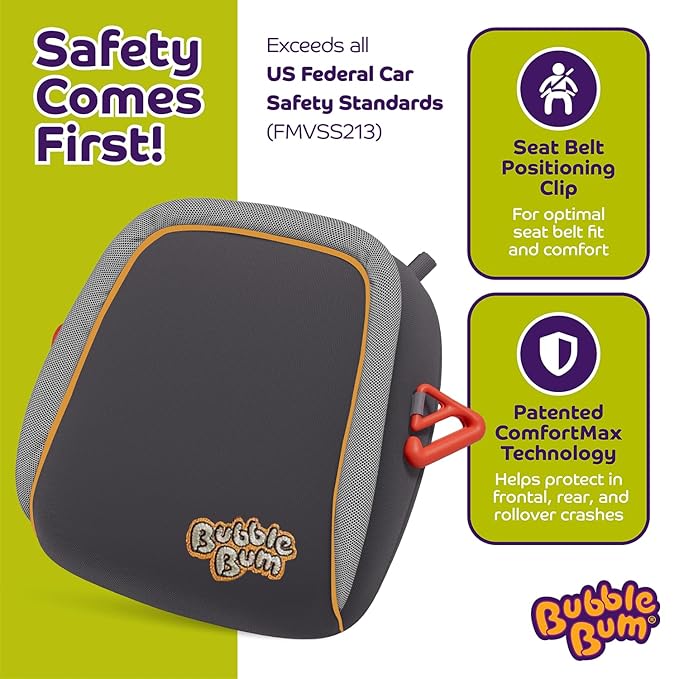 bubblebum Inflatable Travel Booster, Backless Car Seat for Kids Ages 4+, Portable Child Safety Seat for Cars, Lightweight Carseat for 40–100 lbs – Gray